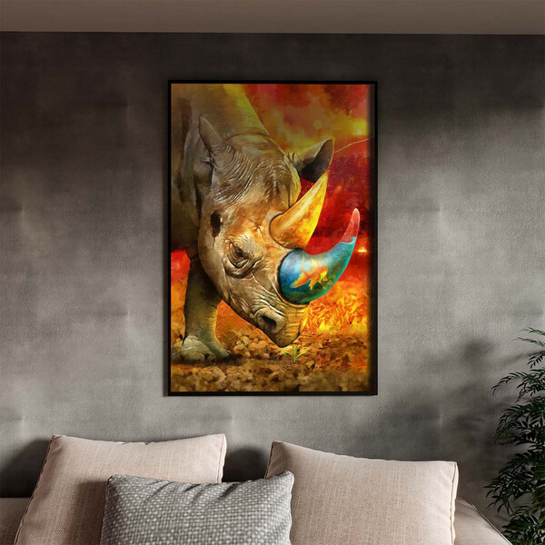 Quadro Decorativo Animais Elemental Rhino Com Moldura Preto -