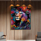 Quadro Decorativo Animais Face De Leão Colorido Com Moldura D