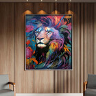 Quadro Decorativo Animais Face De Leão Colorido Com Moldura E