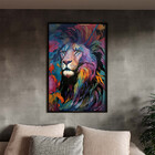 Quadro Decorativo Animais Face De Leão Colorido Com Moldura E