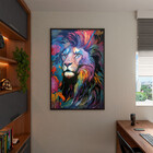 Quadro Decorativo Animais Face De Leão Colorido Com Moldura E