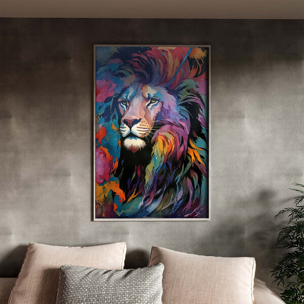 Quadro Decorativo Animais Face De Leão Colorido Com Moldura E