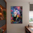 Quadro Decorativo Animais Face De Leão Colorido Com Moldura E