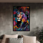 Quadro Decorativo Animais Face De Leão Colorido Com Moldura P