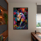 Quadro Decorativo Animais Face De Leão Colorido Com Moldura P