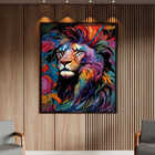 Quadro Decorativo Animais Face De Leão Colorido Com Moldura P