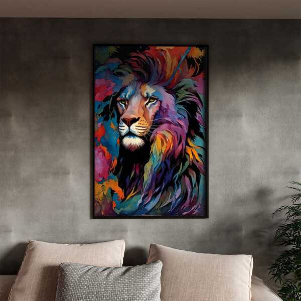 Quadro Decorativo Animais Face De Leão Colorido Com Moldura P