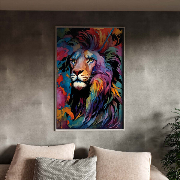 Quadro Decorativo Animais Face De Leão Colorido Com Moldura P