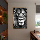 Quadro Decorativo Animais Face De Leão Preto E Branco Com Mol