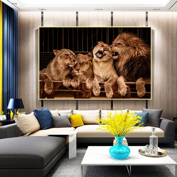 Quadro Decorativo Animais Família Leão Com Moldura Dourada 200x135