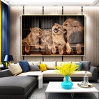 Quadro Decorativo Animais Família Leão Com Moldura Dourada E