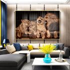 Quadro Decorativo Animais Família Leão Com Moldura Dourada E