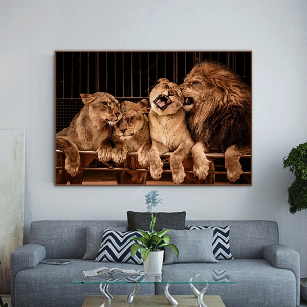 Quadro Decorativo Animais Família Leão Com Moldura Marrom 120