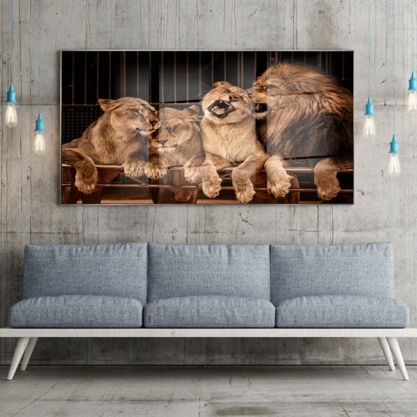 Quadro Decorativo Animais Família Leão Com Moldura Prata E Vi