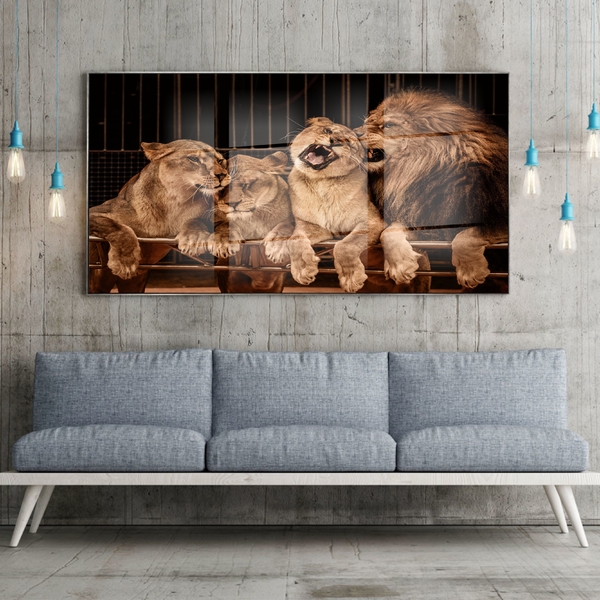 Quadro Decorativo Animais Família Leão Com Moldura Prata E Vi
