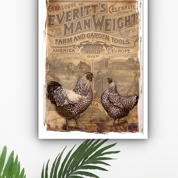 Quadro Decorativo Animais Fazenda Retrô  - 70x50cm Moldura Pr