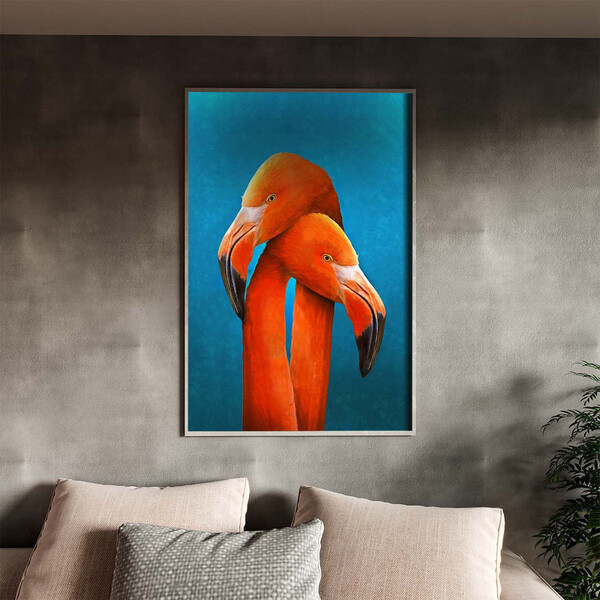 Quadro Decorativo Animais Flamingo Couple Com Moldura Prata -