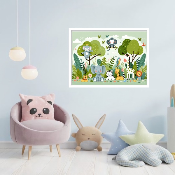 Quadro Decorativo Animais Floresta  - 50x70cm Moldura Branca