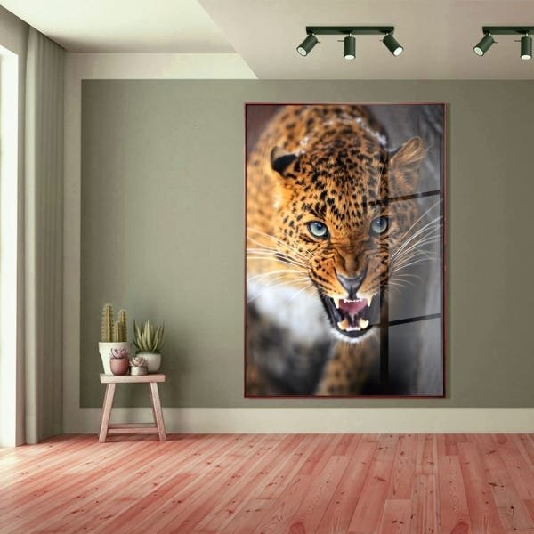 Quadro Decorativo Animais Golden Leopard Com Moldura Marrom E