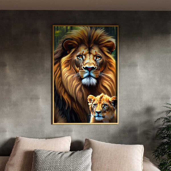 Quadro Decorativo Animais Juba Dourada Com Moldura Dourada -