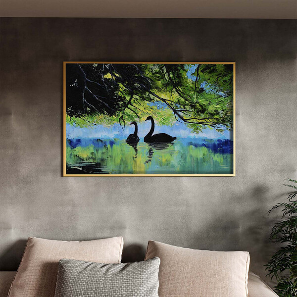 Quadro Decorativo Animais Lago Dos Cisneis Com Moldura Dourad