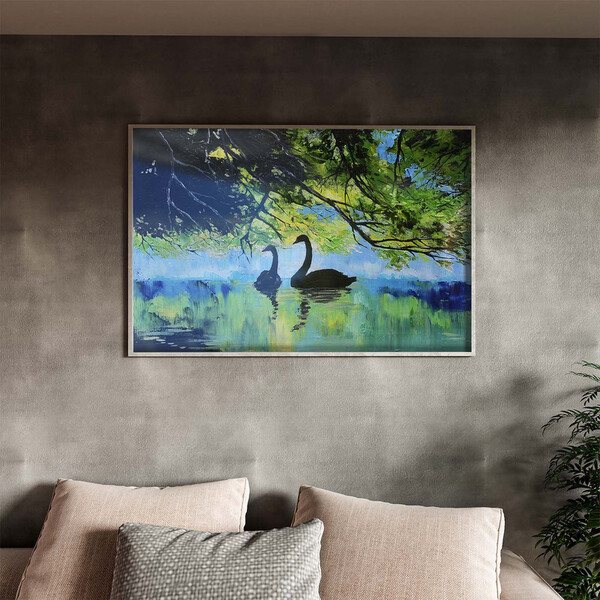 Quadro Decorativo Animais Lago Dos Cisneis Com Moldura E Vidr