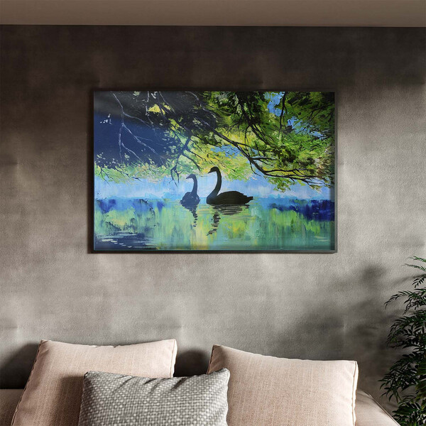 Quadro Decorativo Animais Lago Dos Cisneis Com Moldura E Vidr