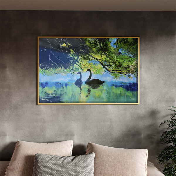 Quadro Decorativo Animais Lago Dos Cisneis Com Moldura E Vidr