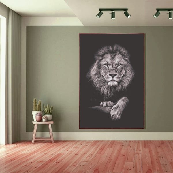 Quadro Decorativo Animais Leão Black Com Moldura Marrom 200x1