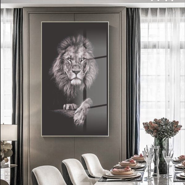 Quadro Decorativo Animais Leão Black Com Moldura Prata E Vidr