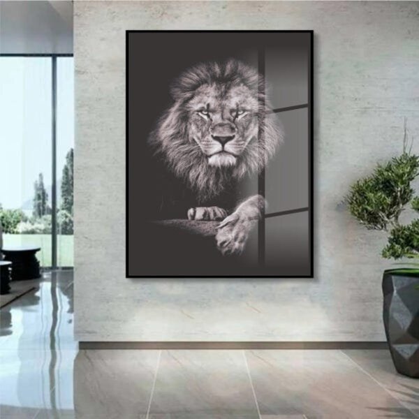 Quadro Decorativo Animais Leão Black Com Moldura Preta E Vidr