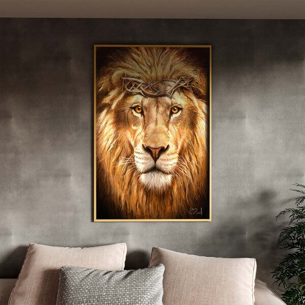 Quadro Decorativo Animais Leão De Judá Com Moldura Dourada -