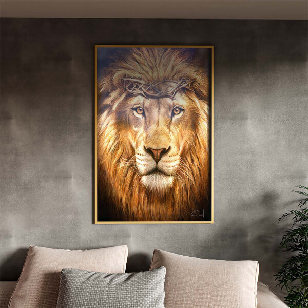 Quadro Decorativo Animais Leão De Judá Com Moldura E Vidro Do