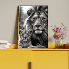Quadro Decorativo Animais Leão E Filho Com Moldura Dourada -