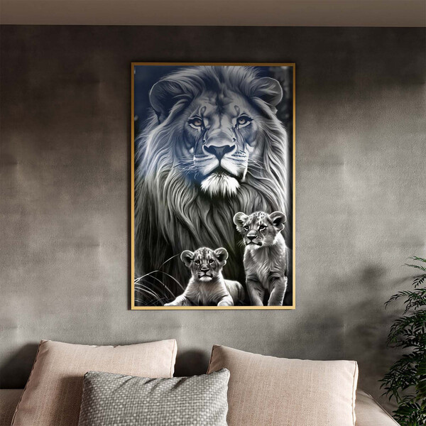 Quadro Decorativo Animais Leão E Seus Filhotes Com Moldura E