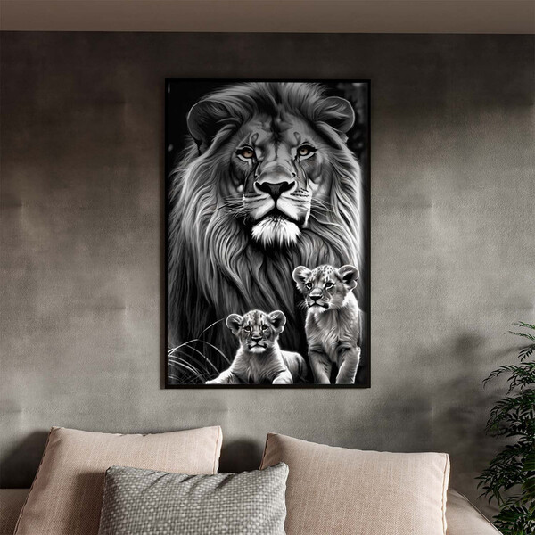 Quadro Decorativo Animais Leão E Seus Filhotes Com Moldura Pr