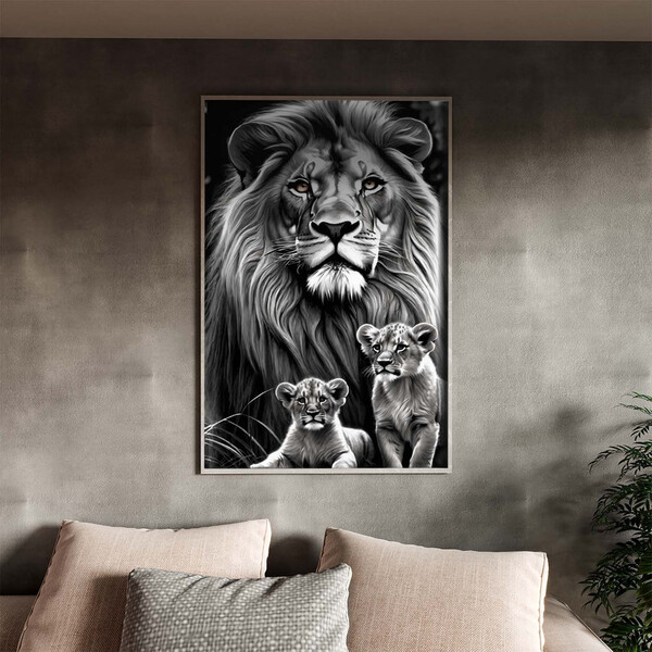 Quadro Decorativo Animais Leão E Seus Filhotes Com Moldura Pr