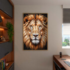 Quadro Decorativo Animais Leão Soberano Com Moldura Dourada -