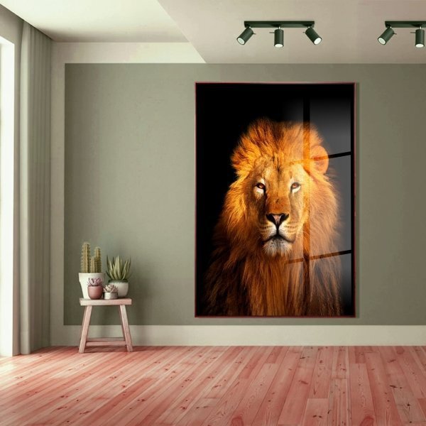 Quadro Decorativo Animais Lion Gold Com Moldura Marrom E Vidr