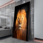 Quadro Decorativo Animais Lion Gold Com Moldura Marrom E Vidr