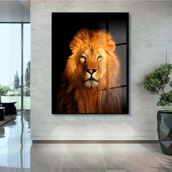 Quadro Decorativo Animais Lion Gold Com Moldura Preta E Vidro