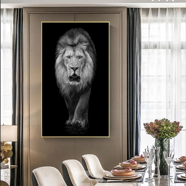 Quadro Decorativo Animais Lion White Com Moldura Dourada 180x