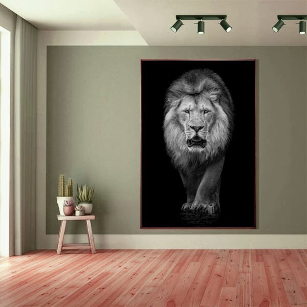 Quadro Decorativo Animais Lion White Com Moldura Marrom 100x70