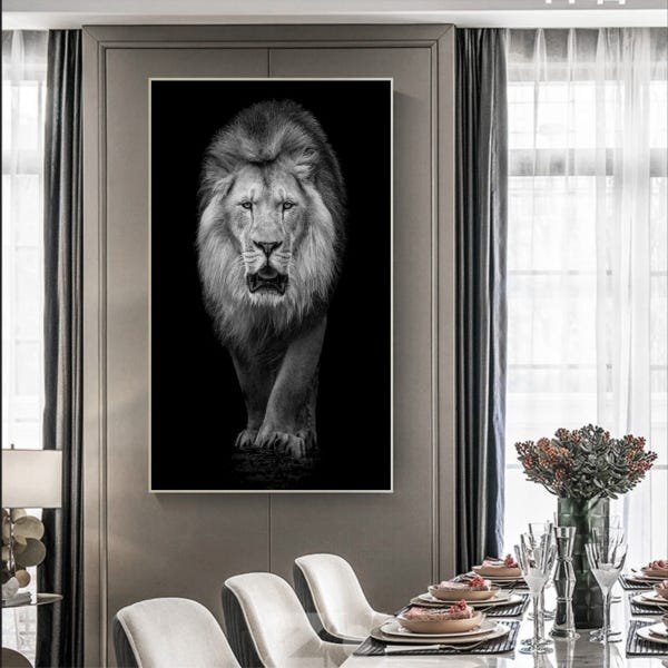 Quadro Decorativo Animais Lion White Com Moldura Prata 180x120