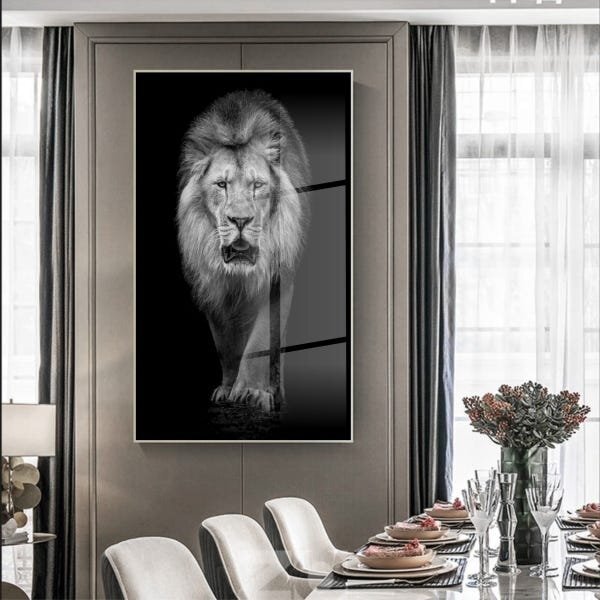 Quadro Decorativo Animais Lion White Com Moldura Prata E Vidr