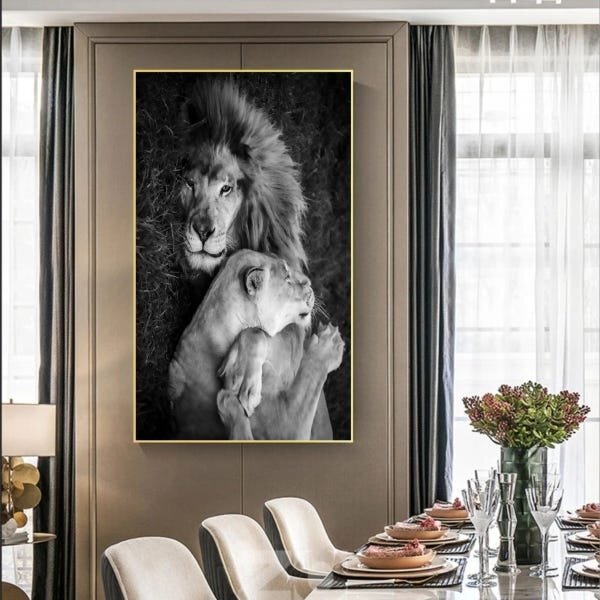 Quadro Decorativo Animais Lions Love Com Moldura Dourada 120x