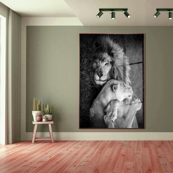 Quadro Decorativo Animais Lions Love Com Moldura Marrom E Vid