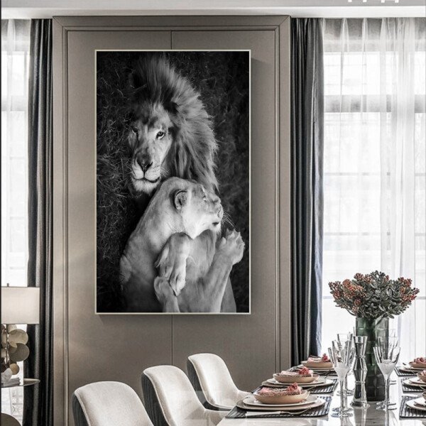 Quadro Decorativo Animais Lions Love Com Moldura Prata 200x120