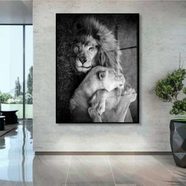Quadro Decorativo Animais Lions Love Com Moldura Preta E Vidr