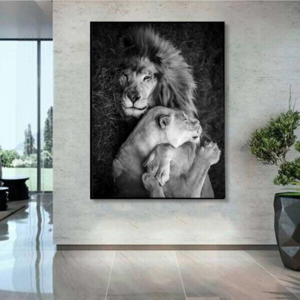 Quadro Decorativo Animais Lions Love Com Moldura Preto 150x80